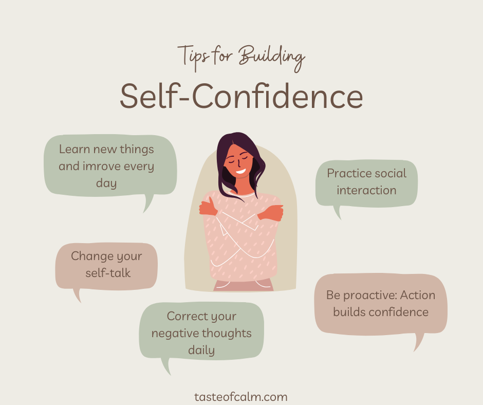 Illustration titled Tips for building self confidence. A woman in the center, and various tips around her