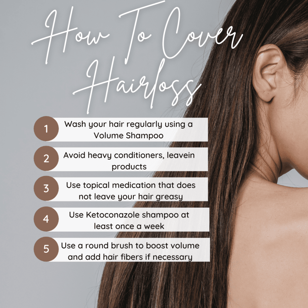 Checklist with the title How to hide thinning hair and cover hair loss. It has 5 items and a photo of brown long hair.