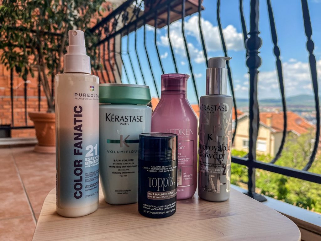 Photo of my favorite hair care products that I use to hide thinning hair.