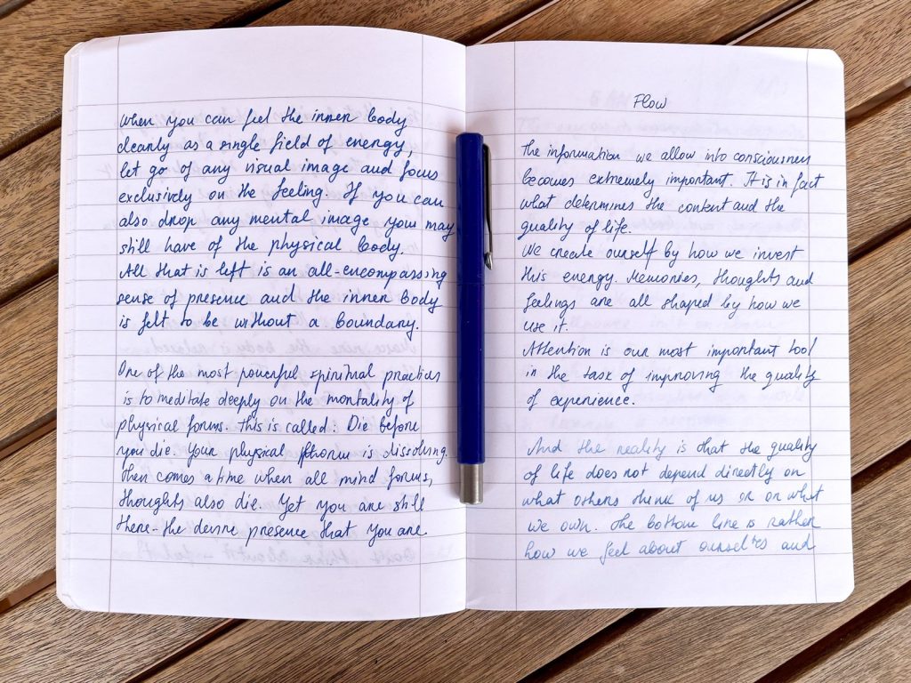 My reading journal where I write ideas from books. The page is titled Flow