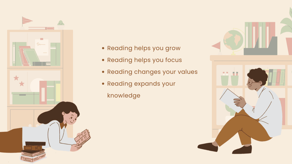 Illustration of woman and man reading a book. In the middle there is a list of benefits of reading