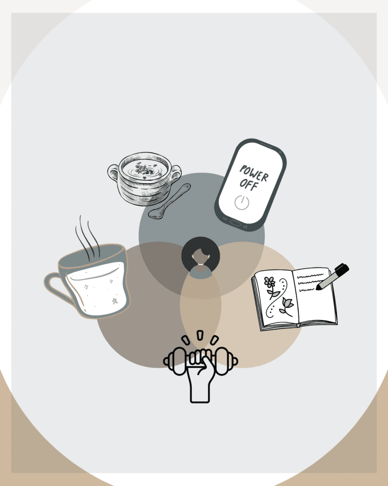 The illustration of several micro habits such as exercize, cooked food, and journaling.