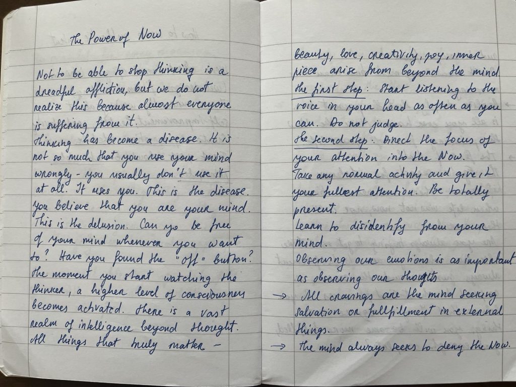 Picture of my reading journal, I wrote about the book Power of Now