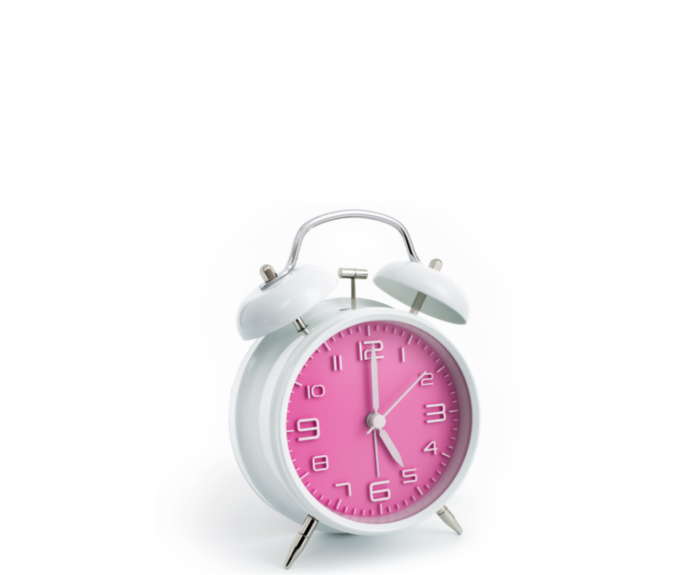 Clock that is white and pink, the time on the clock is 5 am