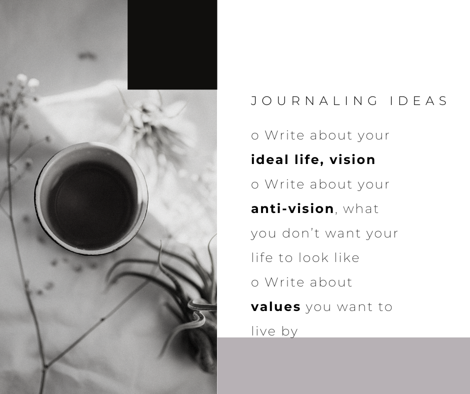 3 Journaling Ideas you can write about: your ideal life, your antivision, your values