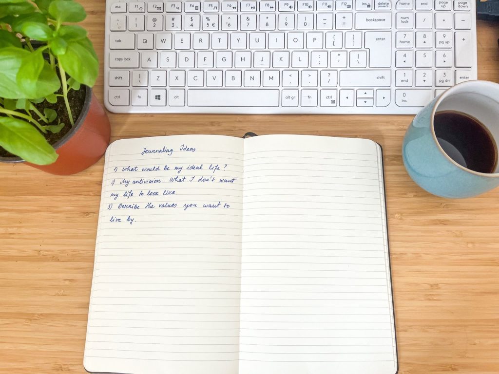 My journal on the desk, with journaling ideas written inside