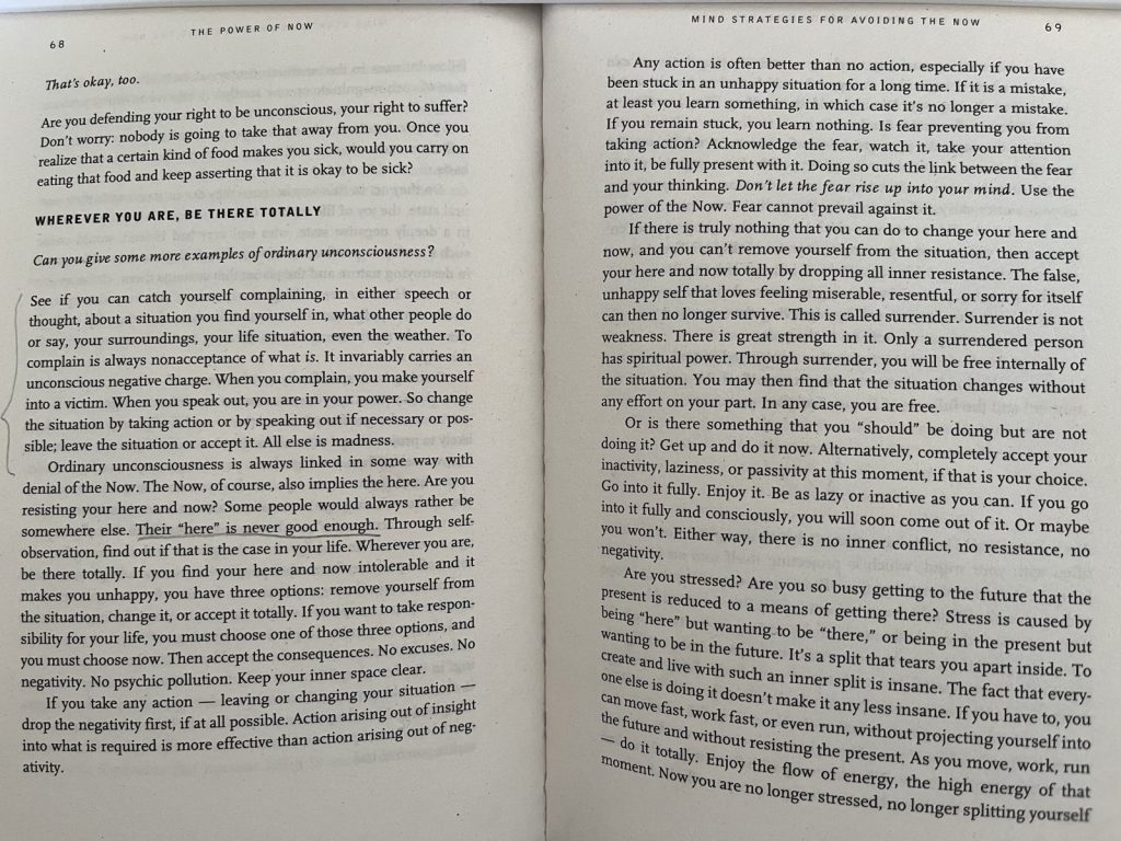 The book Power of Now by Echkart Tolle, a paragraph is marked. The mindset shift related to living in the present.