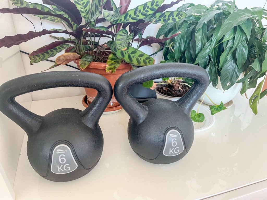 Photo of my weights in the living room. It shows how to start getting fit after 40