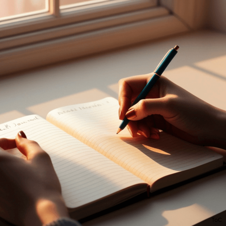 Photo shows a journal and woman's hands holding a pencil.