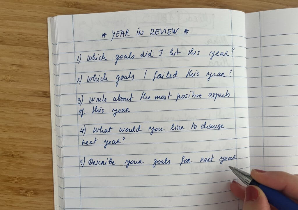 Photo of the journal for the end-of-year journaling. The title is Year in review and the page shows questions.