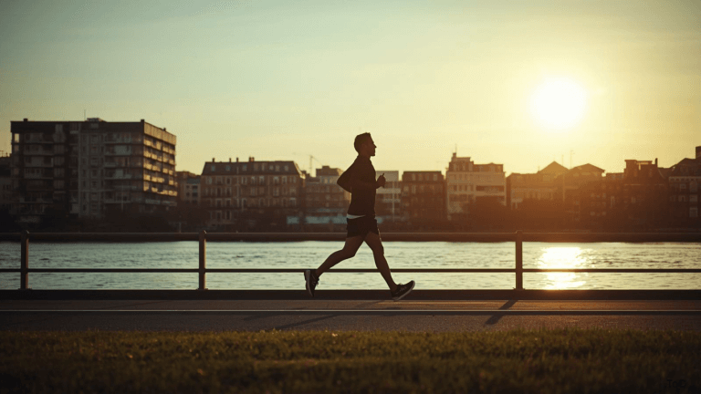 Photo of a man running along the river